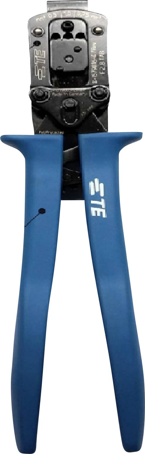 Crimping pliers with blue handles and a black head, suitable for crimping cables and connectors in electrical applications.