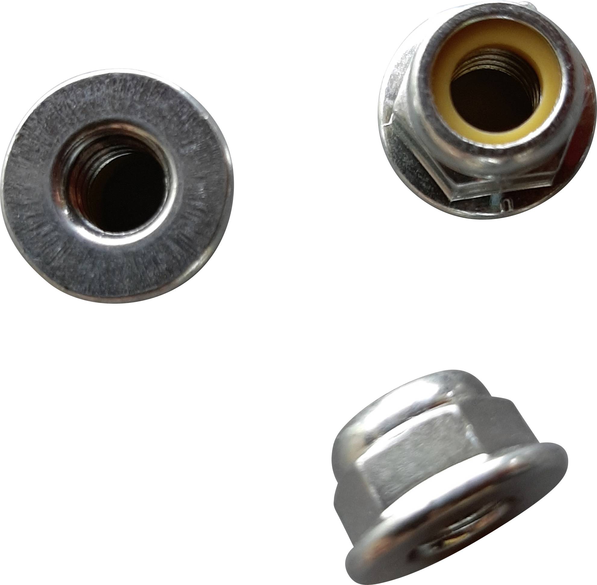 Three metallic nuts in different views: front, side, and top. They appear to be used for fastening purposes.