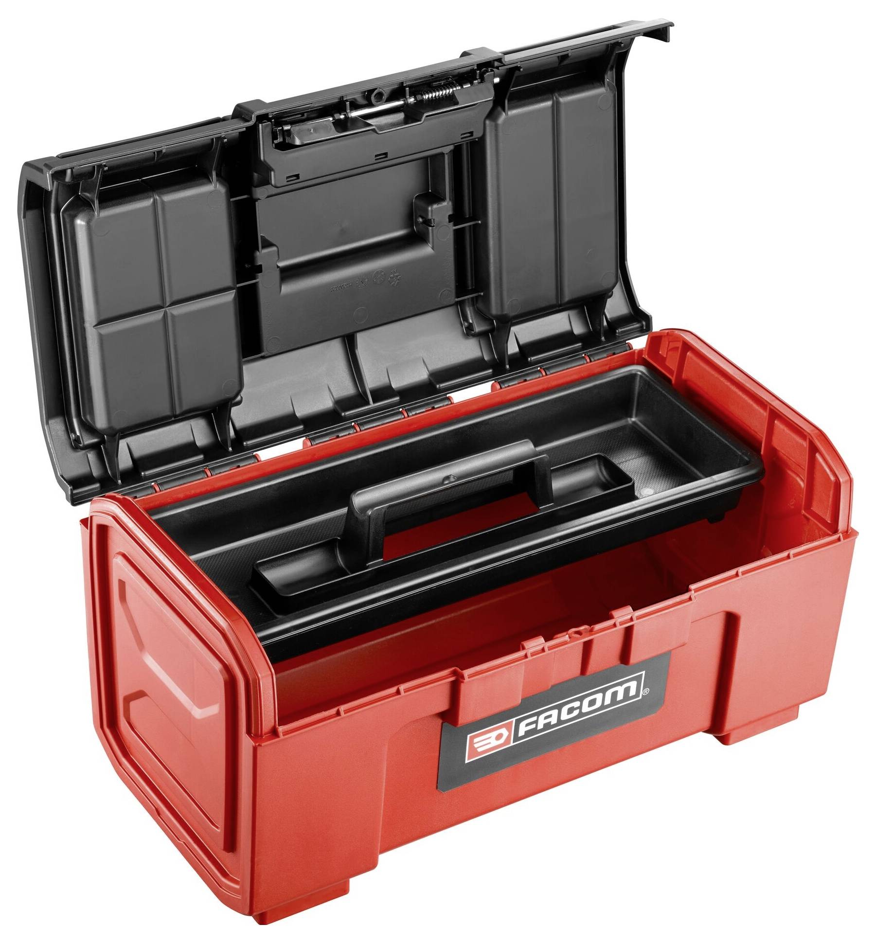 Red toolbox with open black cover and removable insert. 'FACOM' brand logo on the front.