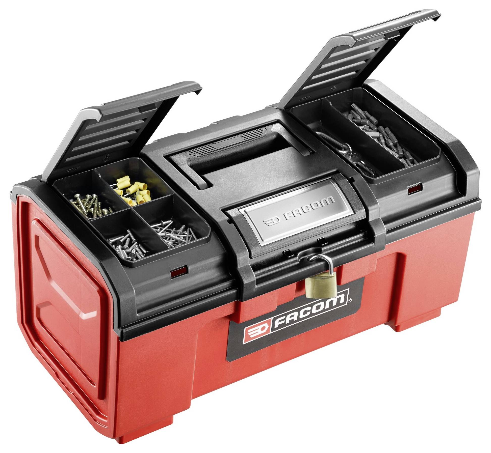 Red toolbox with open compartments, filled with various screws and fastening elements.