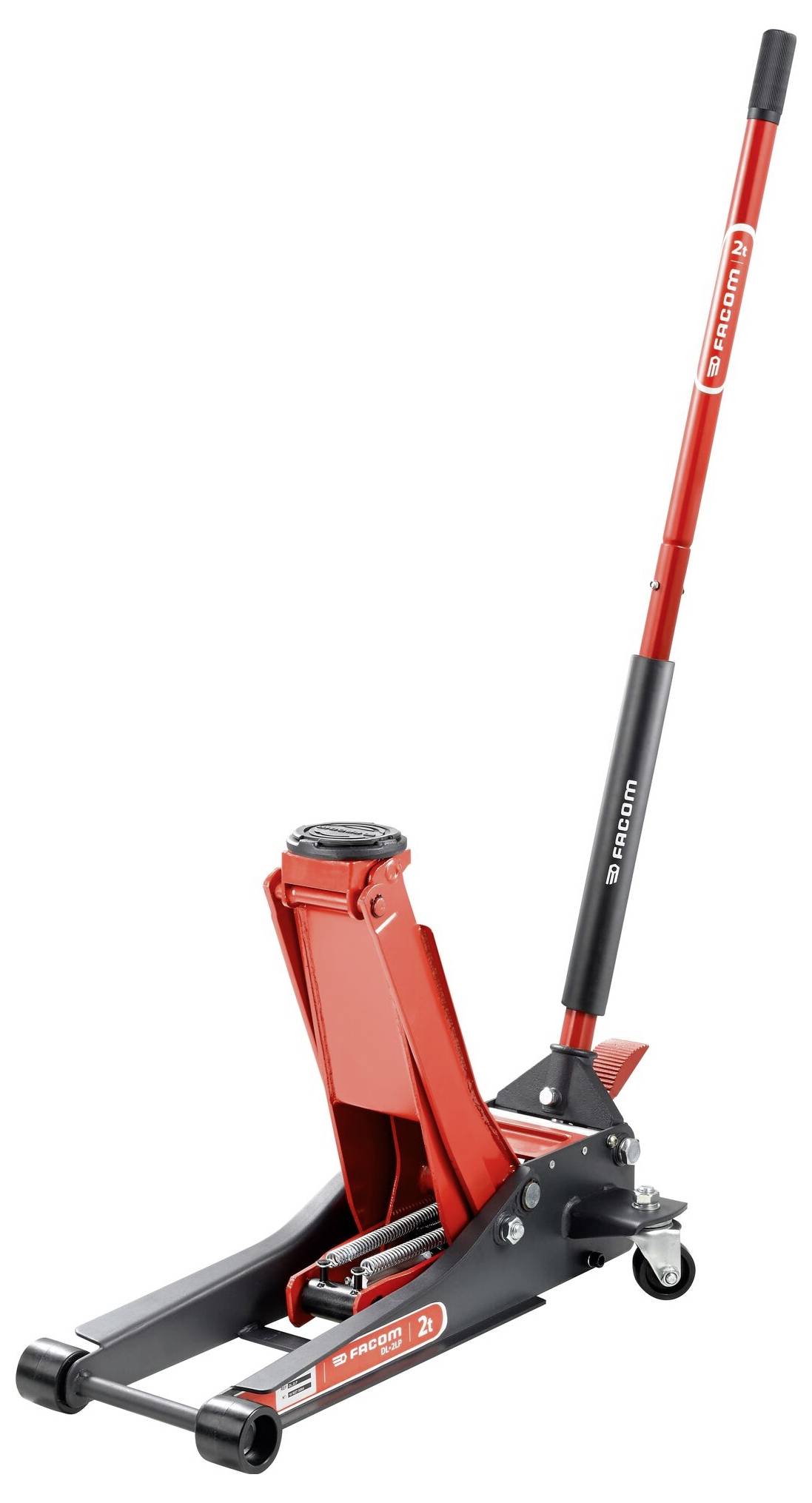 A red hydraulic jack with a long handle and wheels. It is used to lift vehicles and is suitable for use in workshops.