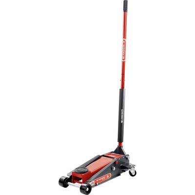 Red hydraulic jack with black handle and wheels, suitable for lifting vehicles.