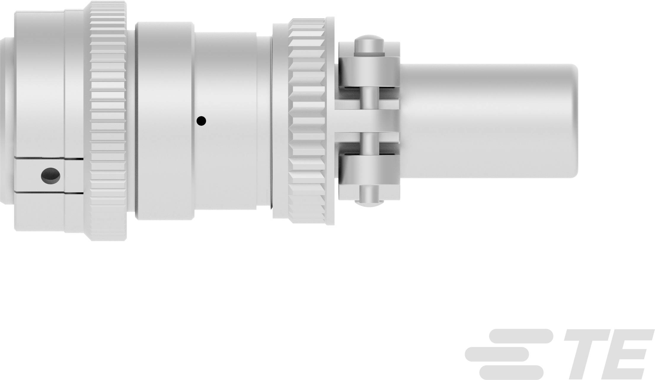 A silver metal connector with multiple screw rings and movable parts, featuring a logo in the bottom right corner.