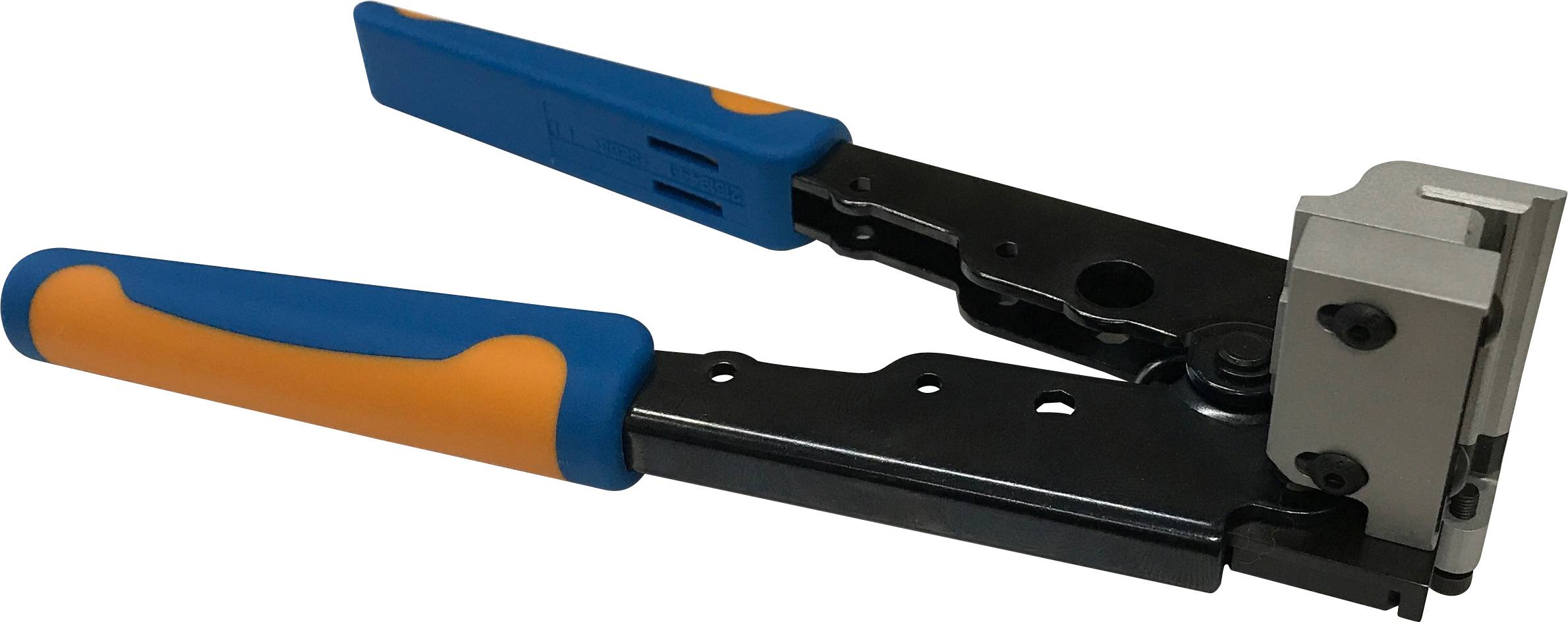 Pliers with a blue-orange handle and black metal components, used for crimping or pressing cable shoes and terminals.