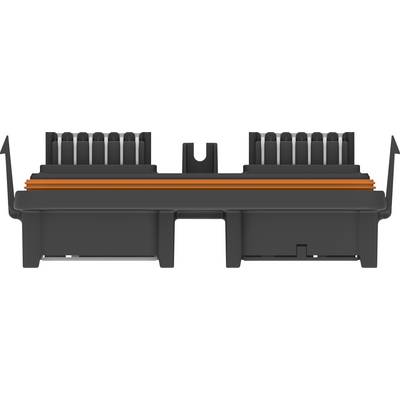 A black, rectangular plug connector with an orange seal. It has multiple pins on the top and is designed for electrical connections.