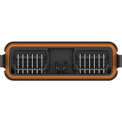 Black multi-pin connector surrounded by an orange sealing ring.