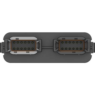 'Two rectangular, black connectors with multiple golden pins, mounted on a dark surface.'