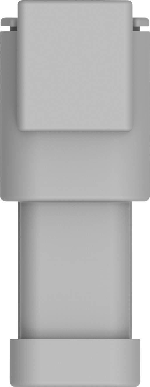 A grey, rectangular adapter with rounded edges and a protruding connection on top.