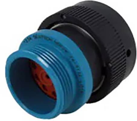 A cylindrical, black connector with a blue, ribbed surface and red contacts, shown from the side.