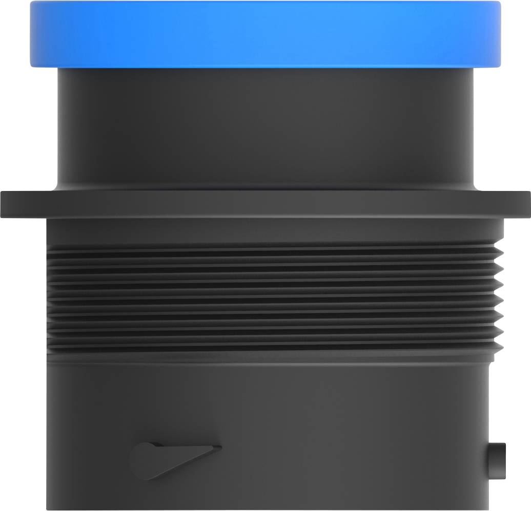 A black, cylindrical tube with a blue lid. The tube has ribbed sides and a small, triangular marking on the left side.