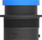 A black, cylindrical tube with a blue lid. The tube has ribbed sides and a small, triangular marking on the left side.