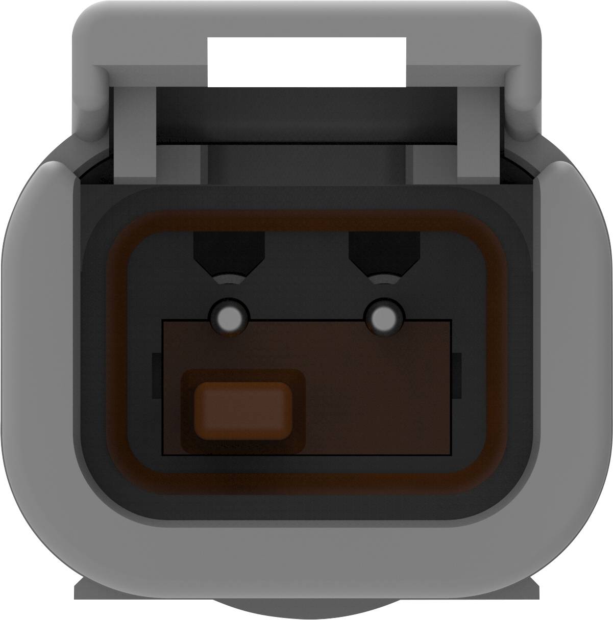 Socket view of an electrical connector with two round contacts and a rectangular housing, grey-bordered.
