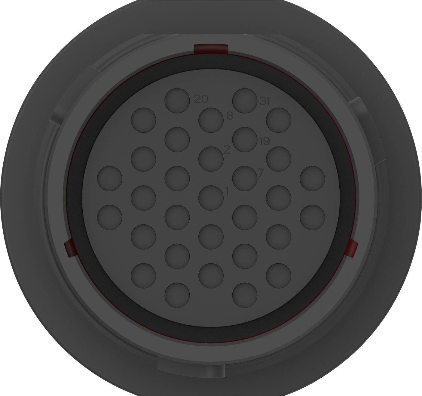 'Close-up of a round, grey object with several small, symmetrically arranged holes on its surface.'