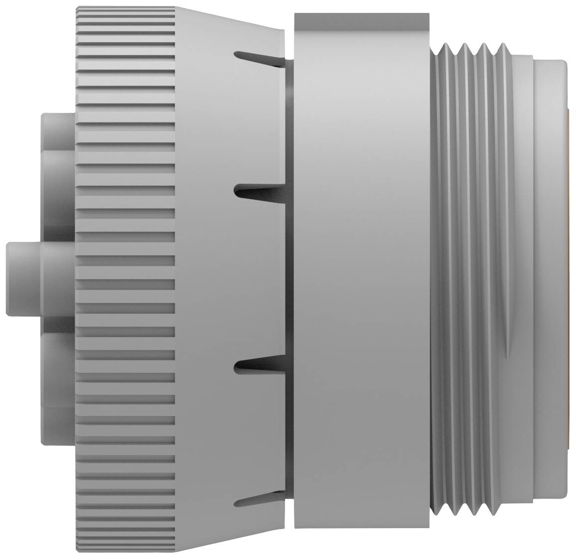Grey plastic plug with ribbed casing and multiple connection pins, side view.