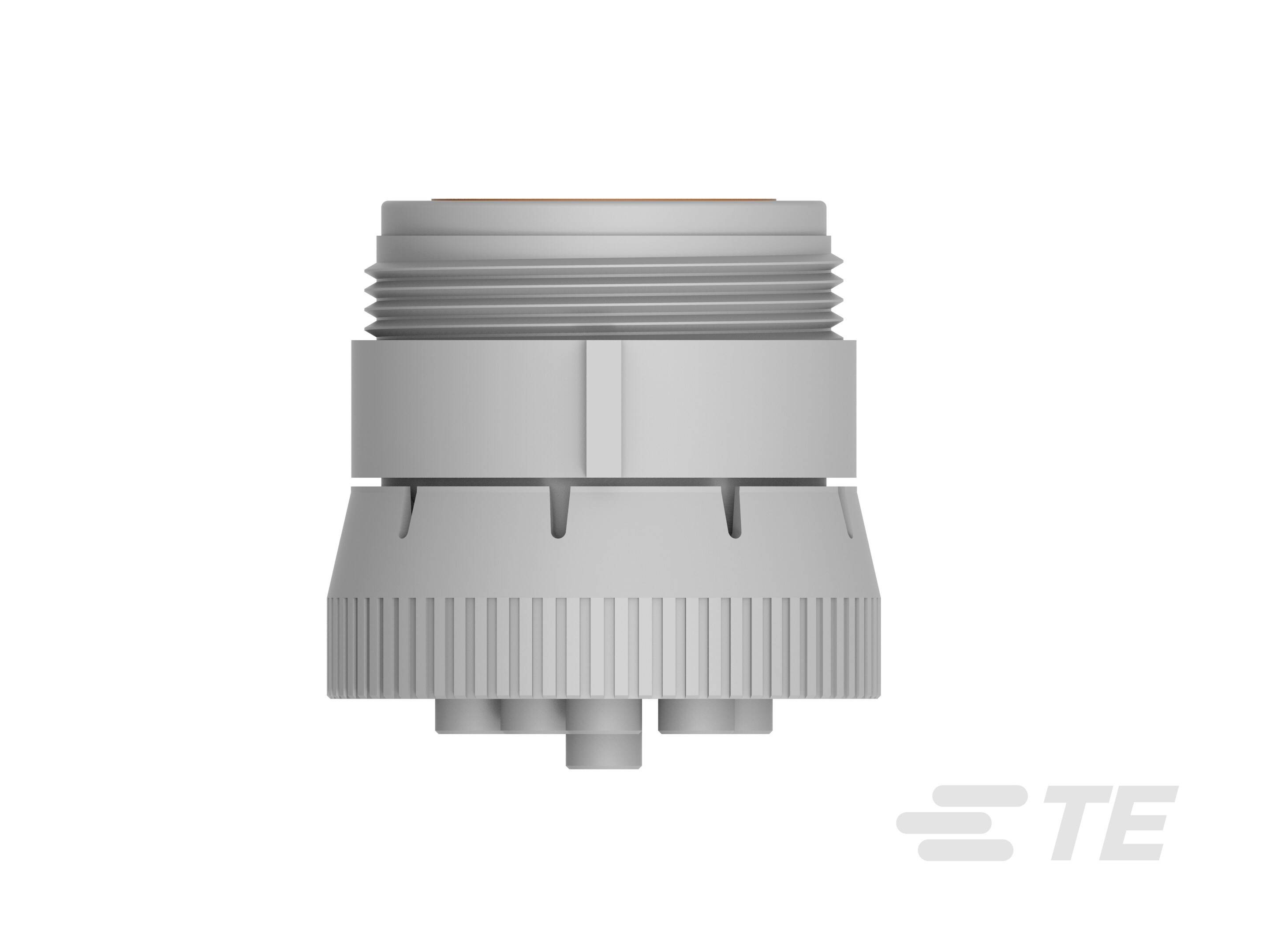 A grey connector with a ribbed edge and threaded screw, used in industrial applications. Brand logo in the bottom right.