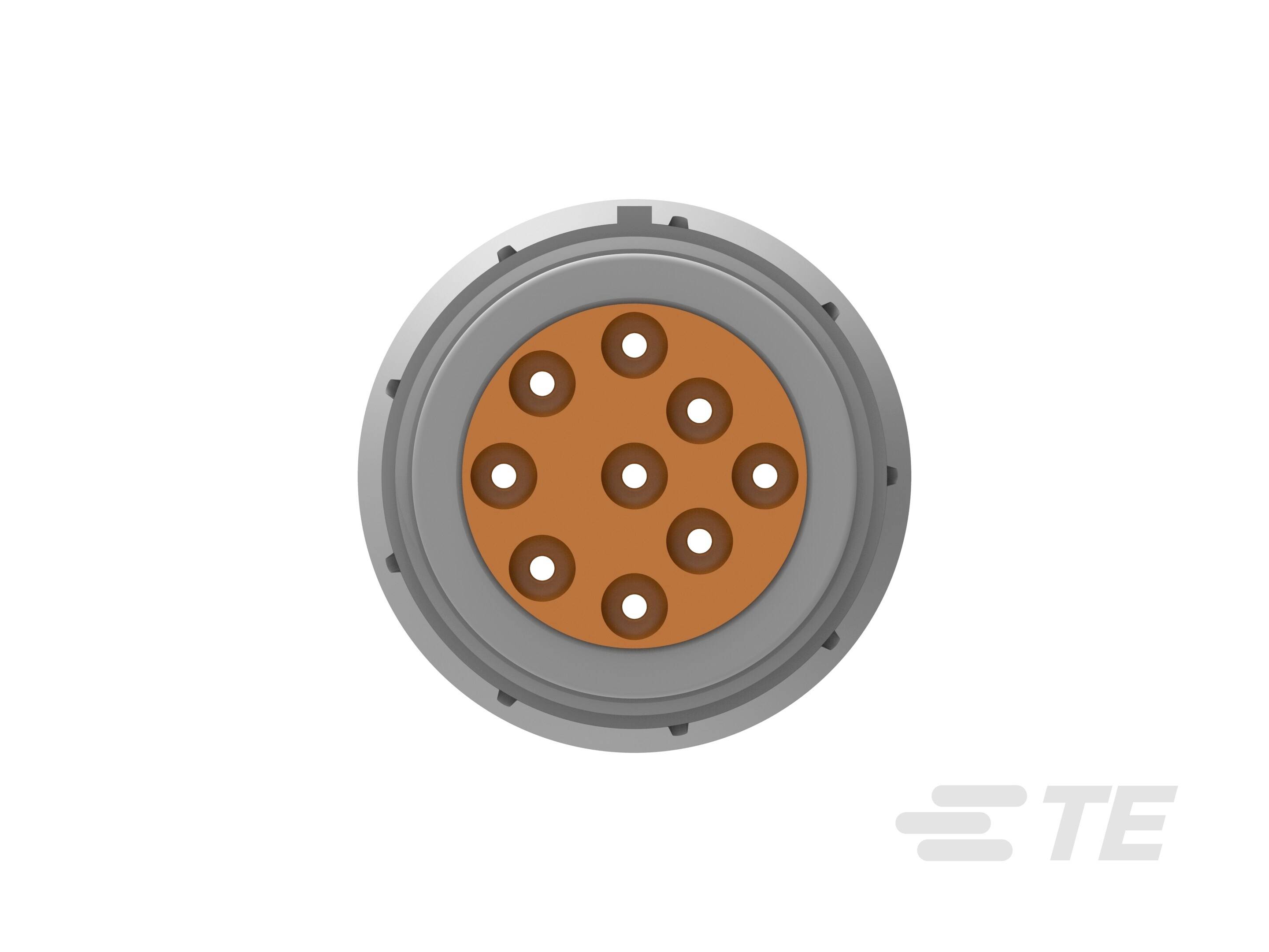 Electric circular plug connector with eight round, evenly distributed contacts on a brown background.