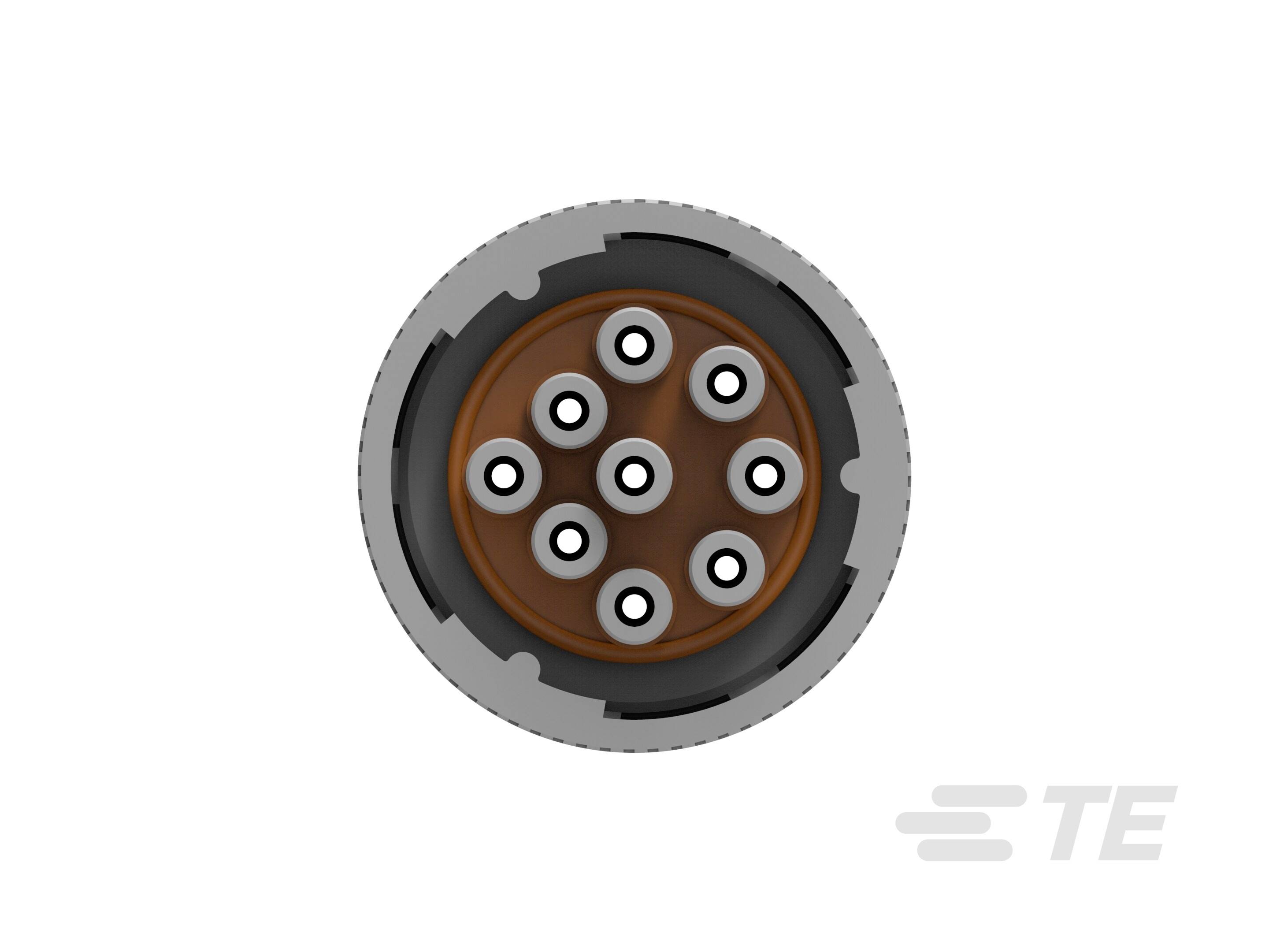 View of a circular connector with seven vertically aligned pins.