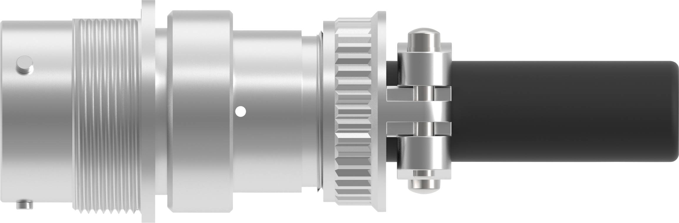 Silver metal plug connected to a black cable, side view.