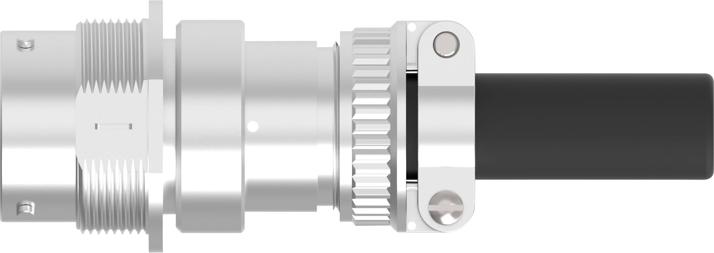 A metallic connector holding a black cable. Threaded connections and a locking mechanism are visible.
