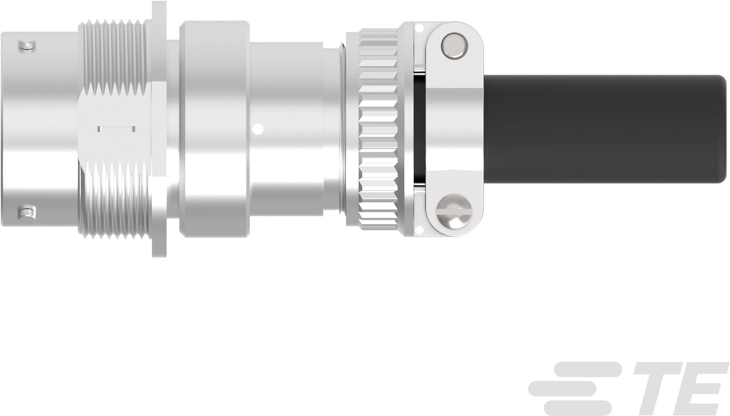 Metallic connector, shown from the side, with a black cable attachment. Suitable for industrial applications.