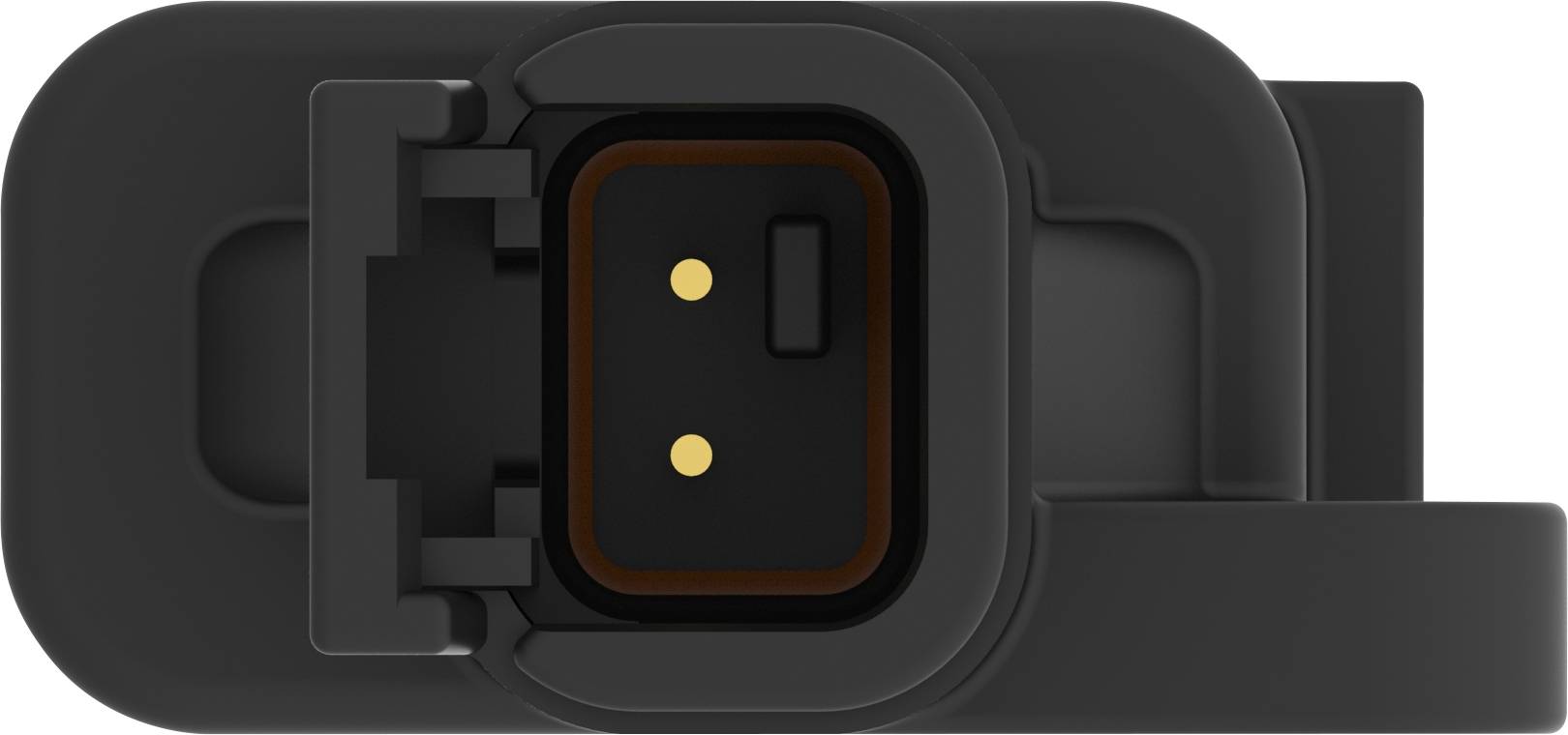 Small rectangular electronic component with two golden contact points, surrounded by a black plastic housing.