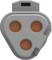 'Type 2 CCS plug' with three round orange contacts in a grey housing, used for charging electric vehicles.