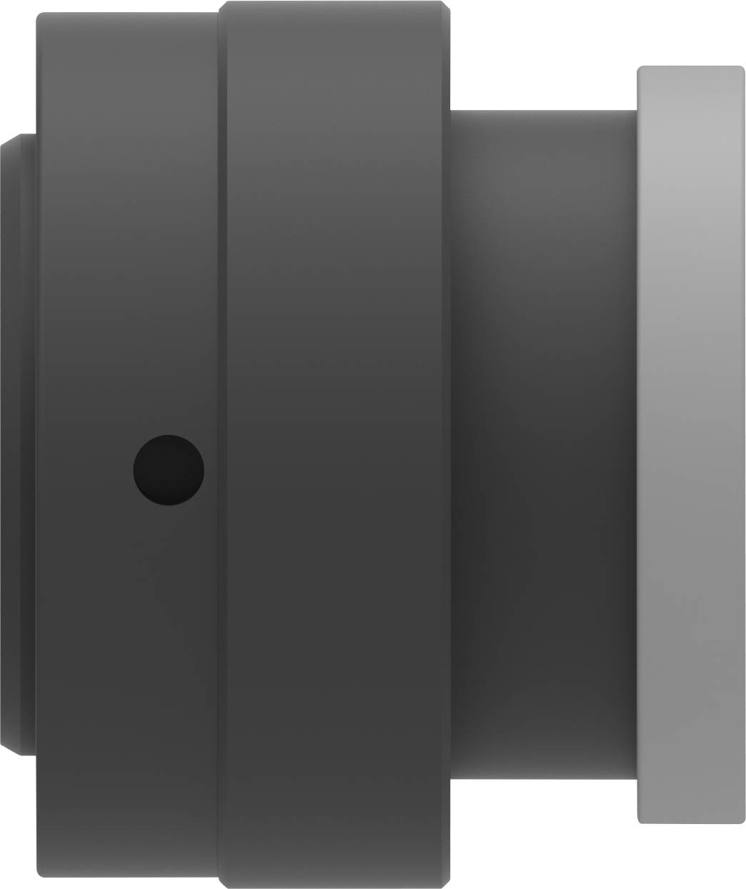 Black, cylindrical camera with side button, showing side view.