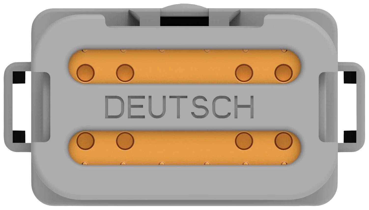 Rectangular plug in grey with orange elements and the inscription 'DEUTSCH'.