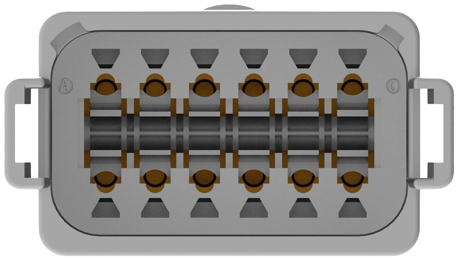 'Image of a multi-socket power strip with eight socket outlets, showing brown contacts. The socket strip is rectangular and grey, with handles on the sides.'