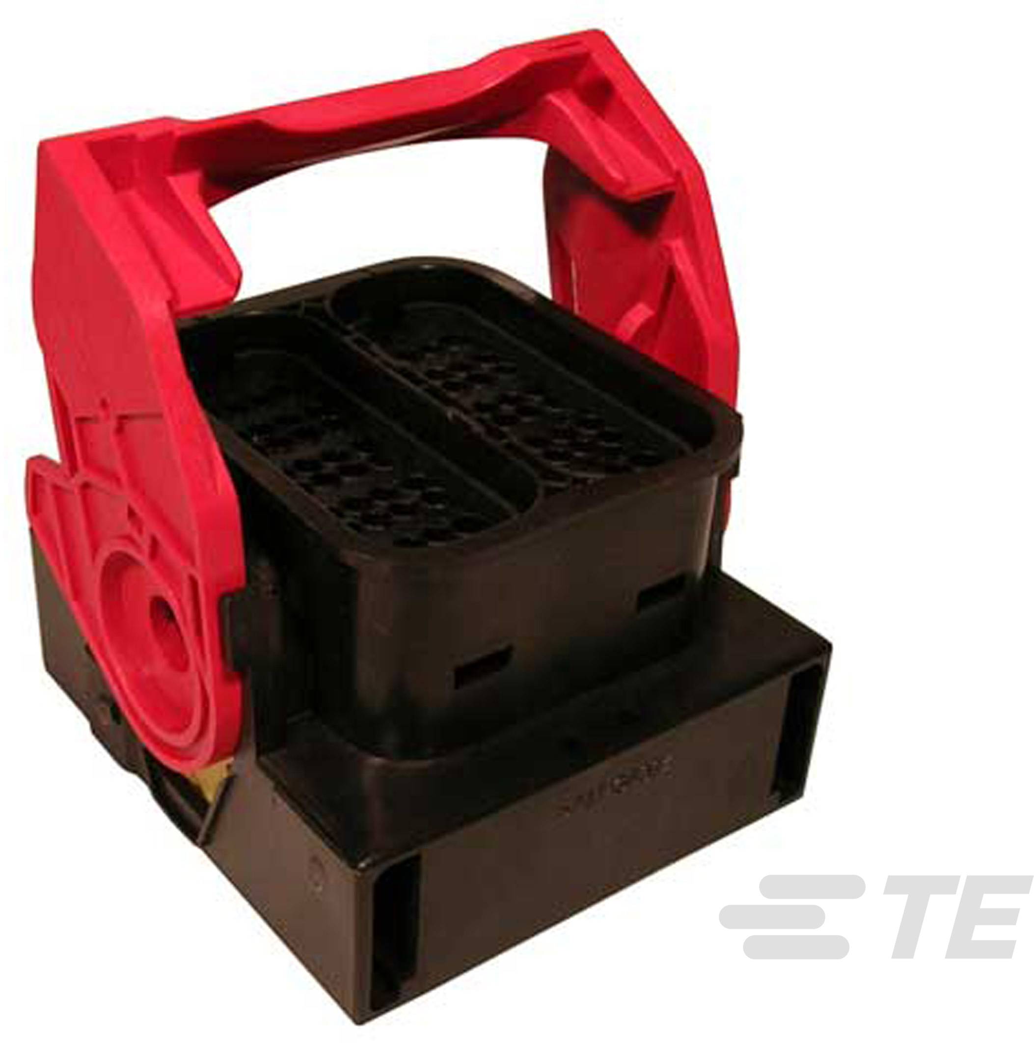 A black, rectangular plastic housing with red handles, apparently an electrical connector from TE, as marked on the side.