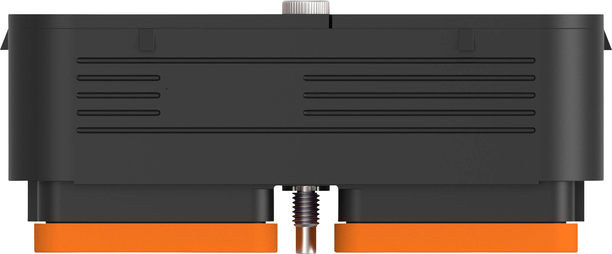 A black, rectangular device with ventilation slots and orange elements on the underside. Upper rotary knob visible.