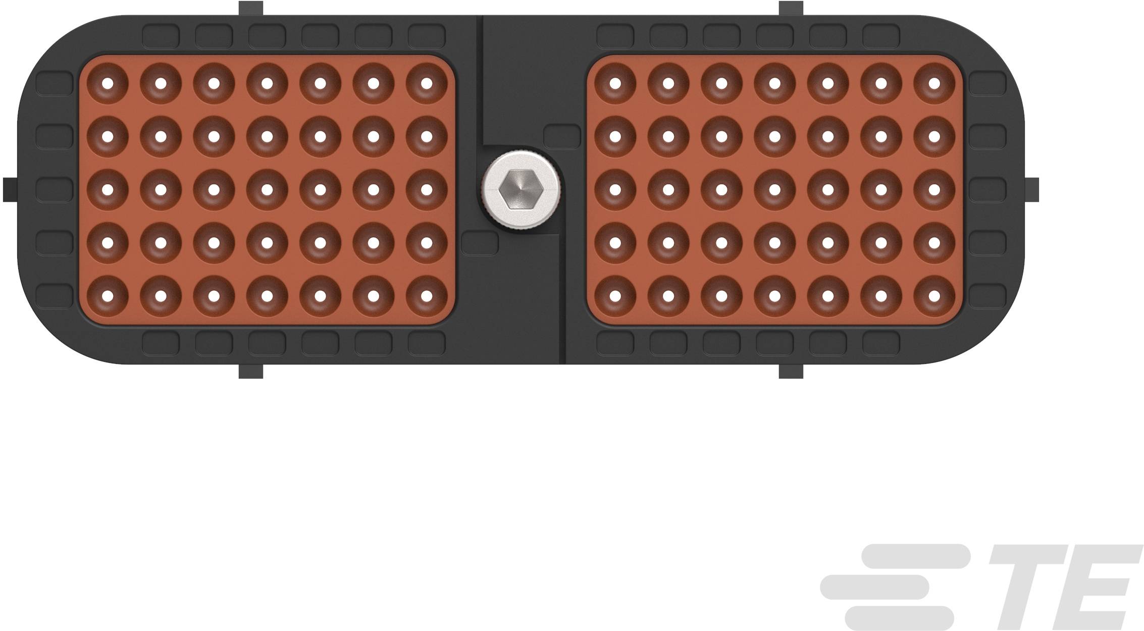 Rectangular electrical connector with two square grid sections, multiple pin contacts, and a central screw.