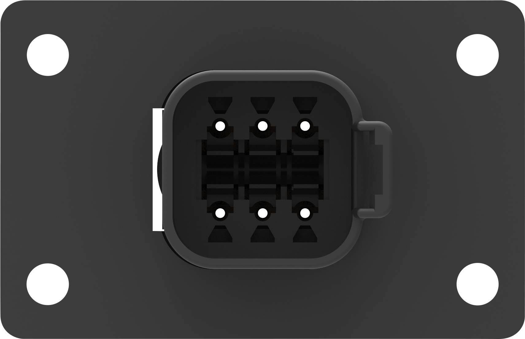 Black, rectangular plug with eight visible contact points, mounted on a black plate with four corner screw holes.