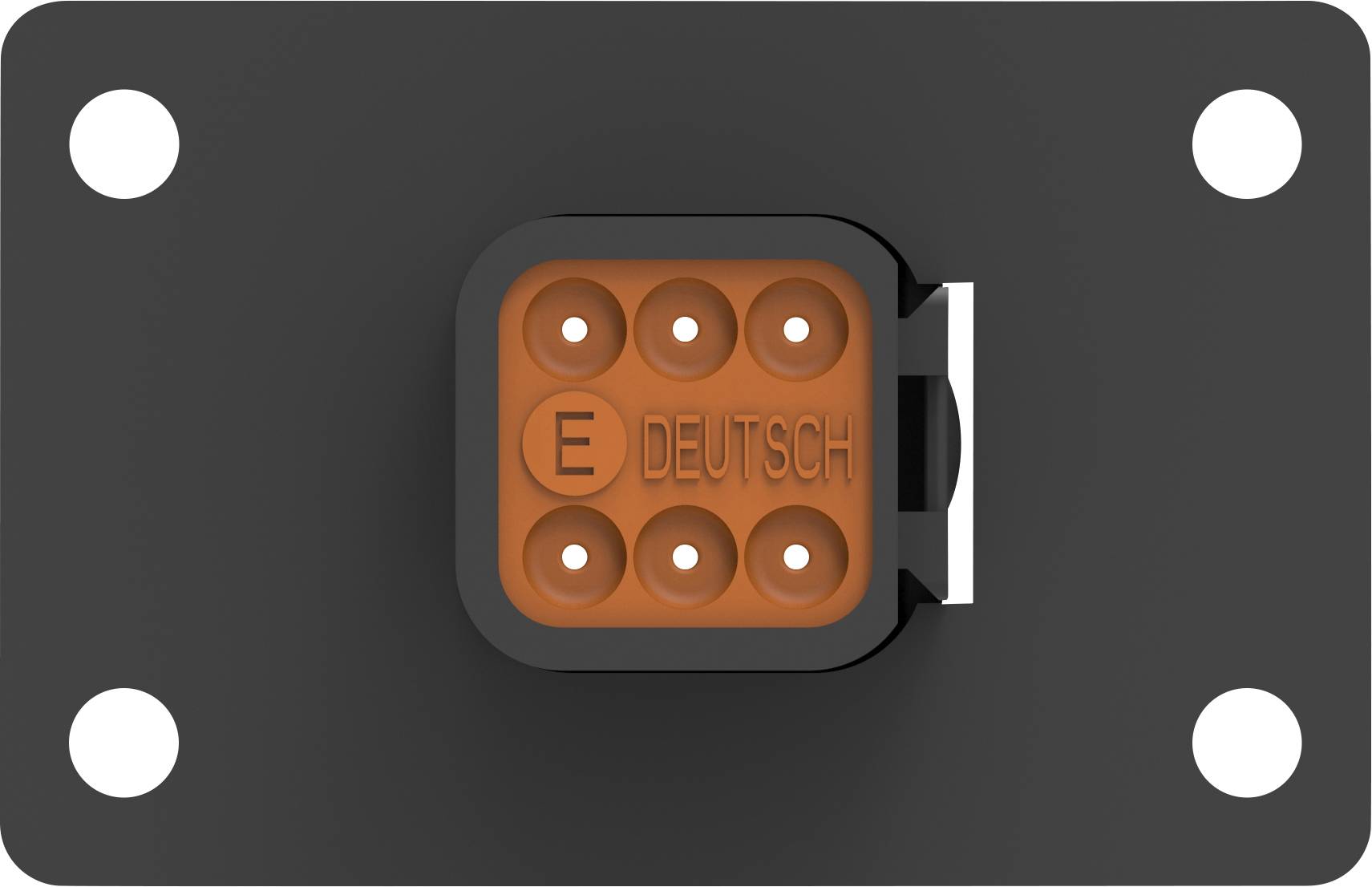 A rectangular black plug with six round, orange sockets and the inscription 'DEUTSCH E' in the centre.