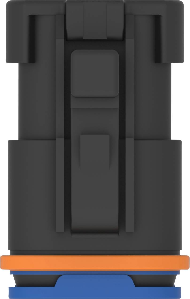 A black, cylindrical component with an orange-blue base and vertical details. Could be a technical or electrical part.