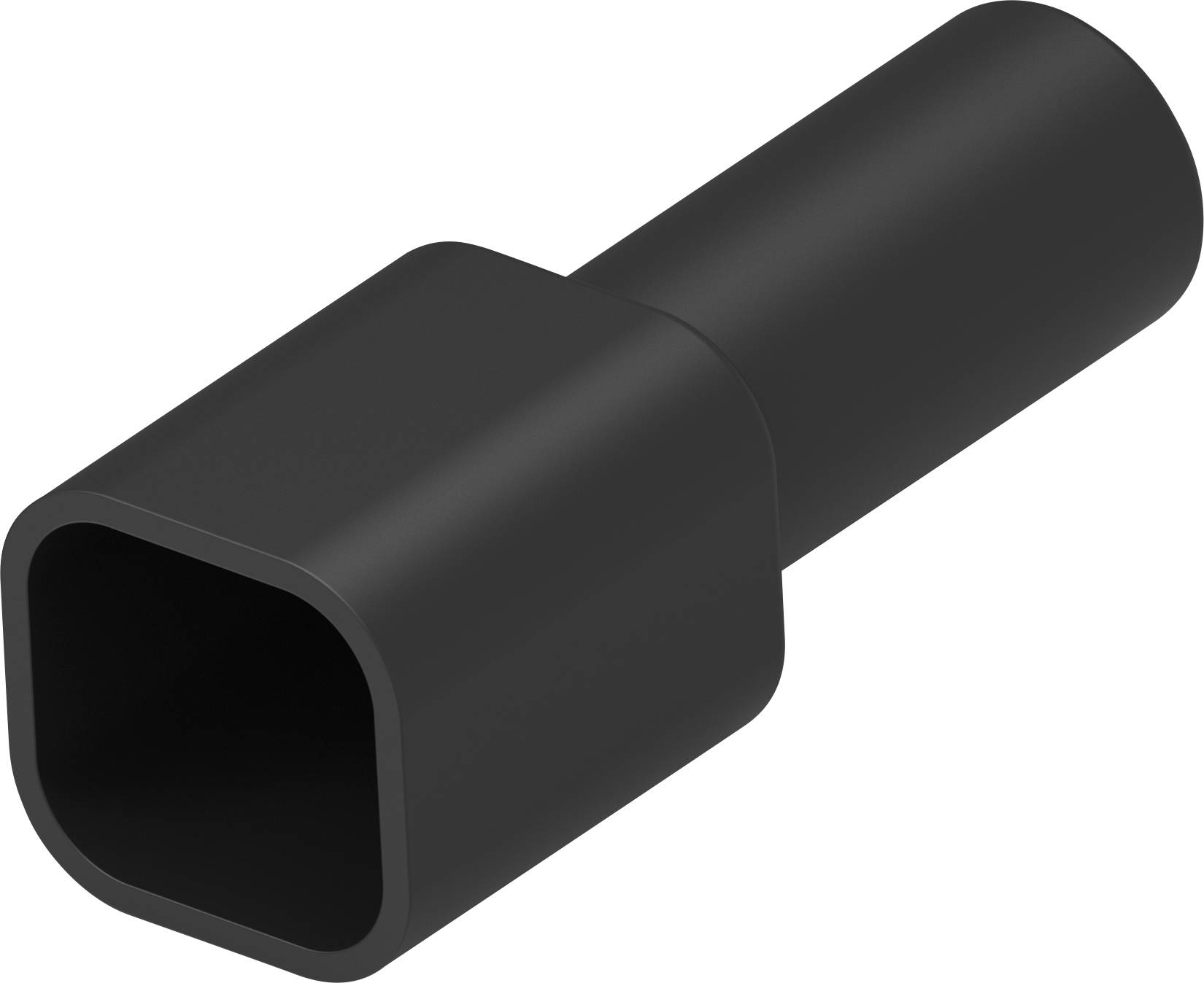 A black, rectangular connection adapter with a round end. Suitable for cable connections in electronic devices.