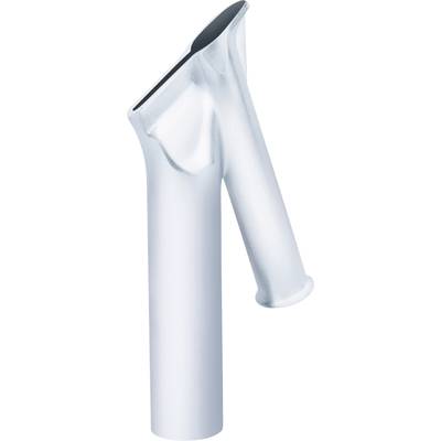 A silver, metallic tube with an angled, smooth cut at the upper end and a shorter lateral tube extension.