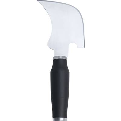 A silver kitchen utensil with a black handle, similar to a blade with a curved tip, designed for cutting or peeling.