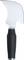 A silver kitchen utensil with a black handle, similar to a blade with a curved tip, designed for cutting or peeling.