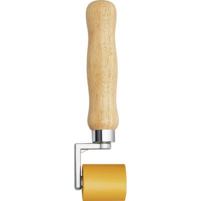 A wooden handle with an orange rubber roller underneath, used for applying even pressure.