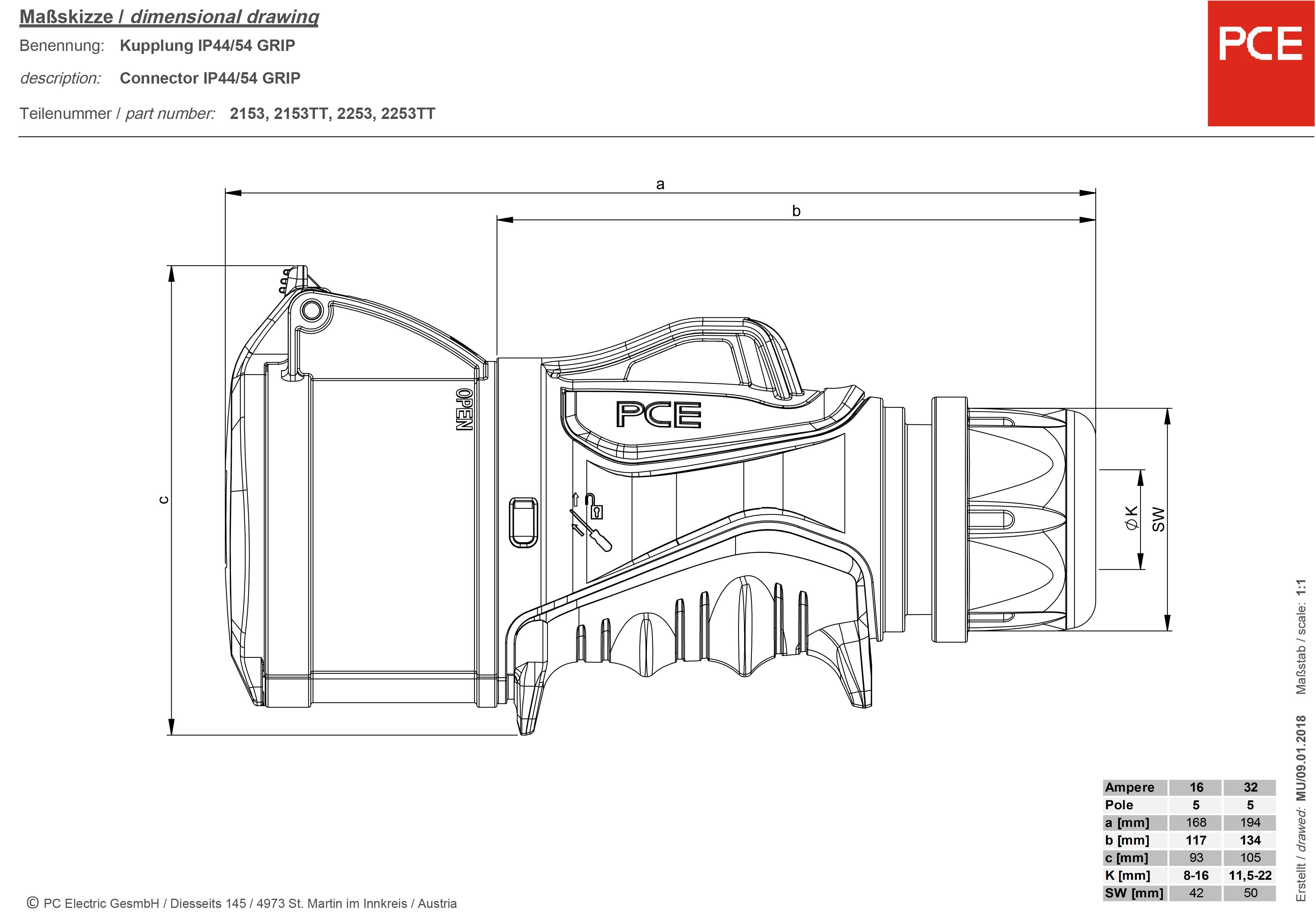 A technical drawing of a PCE coupling plug with a side view; labels: 'Coupling IP44/54 GRIP', 'Connector IP44/54 GRIP'.