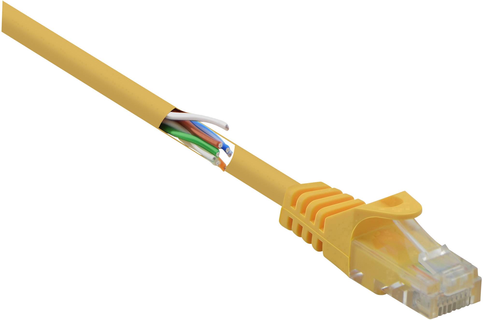 A yellow Ethernet cable with a transparent, slightly exposed conductor and connector, ready for data transmission.