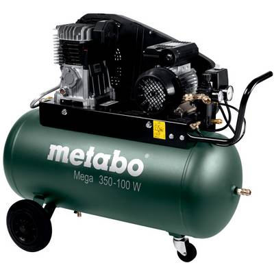 Metabo Mega 350-100 W air compressor with tank, wheels, and motor assembly on a white background.