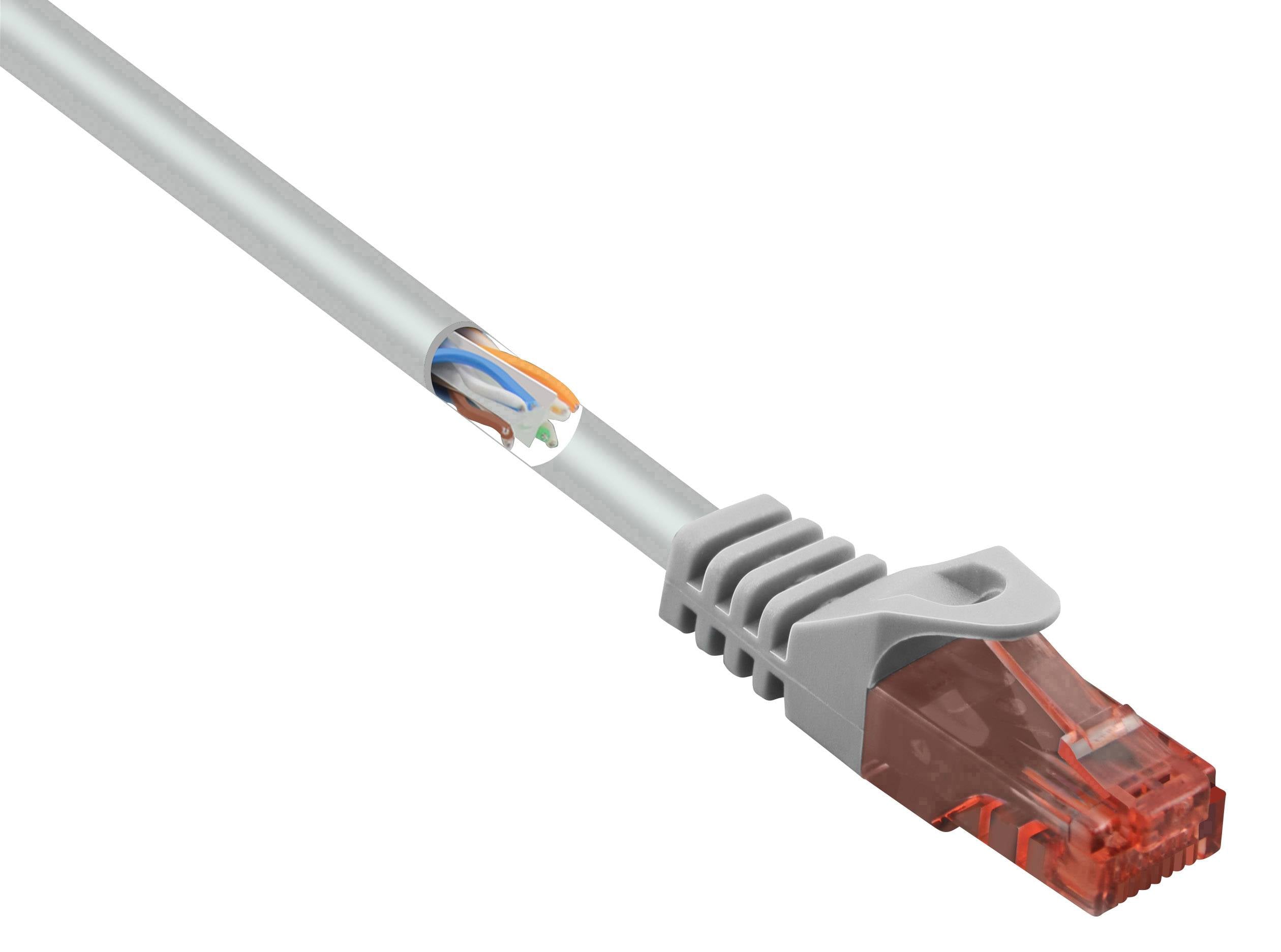 A grey Ethernet cable with a red connector, partially exposed, reveals four coloured cables.