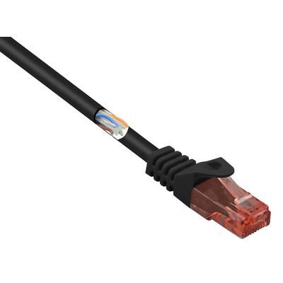Black Ethernet cable with a transparent red connector, revealing the internal copper wires. Used for network connections.