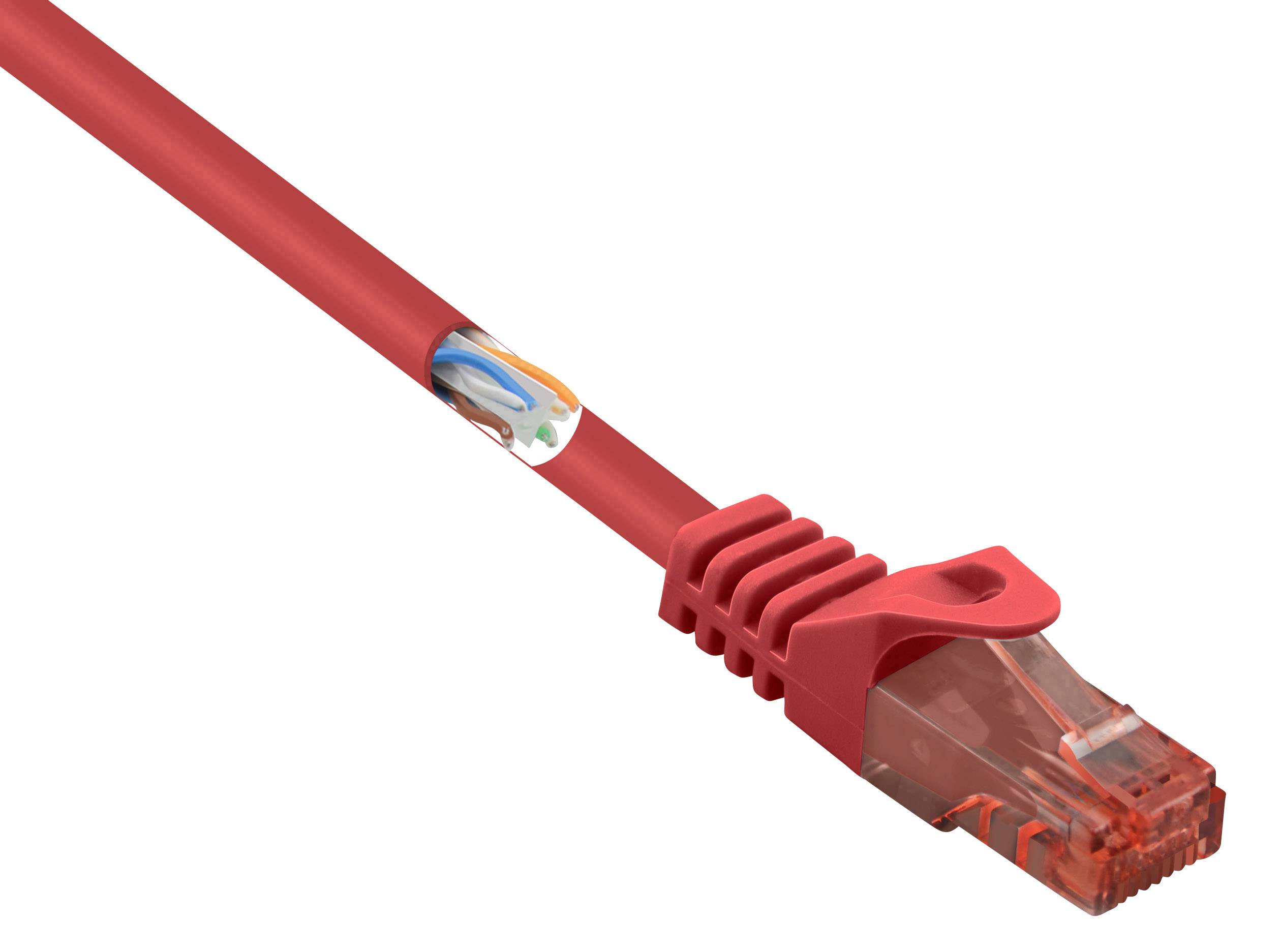 A red Ethernet cable with an RJ45 connector, suitable for network connections. On the left is a graphic of the internal cable structure.