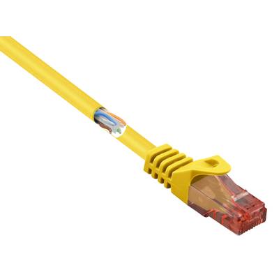 Yellow Ethernet cable with a transparent red RJ45 connector, some exposed wires visible.