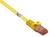 A yellow Ethernet cable with a transparent plug, revealing its internal wires. It is used for network connections.