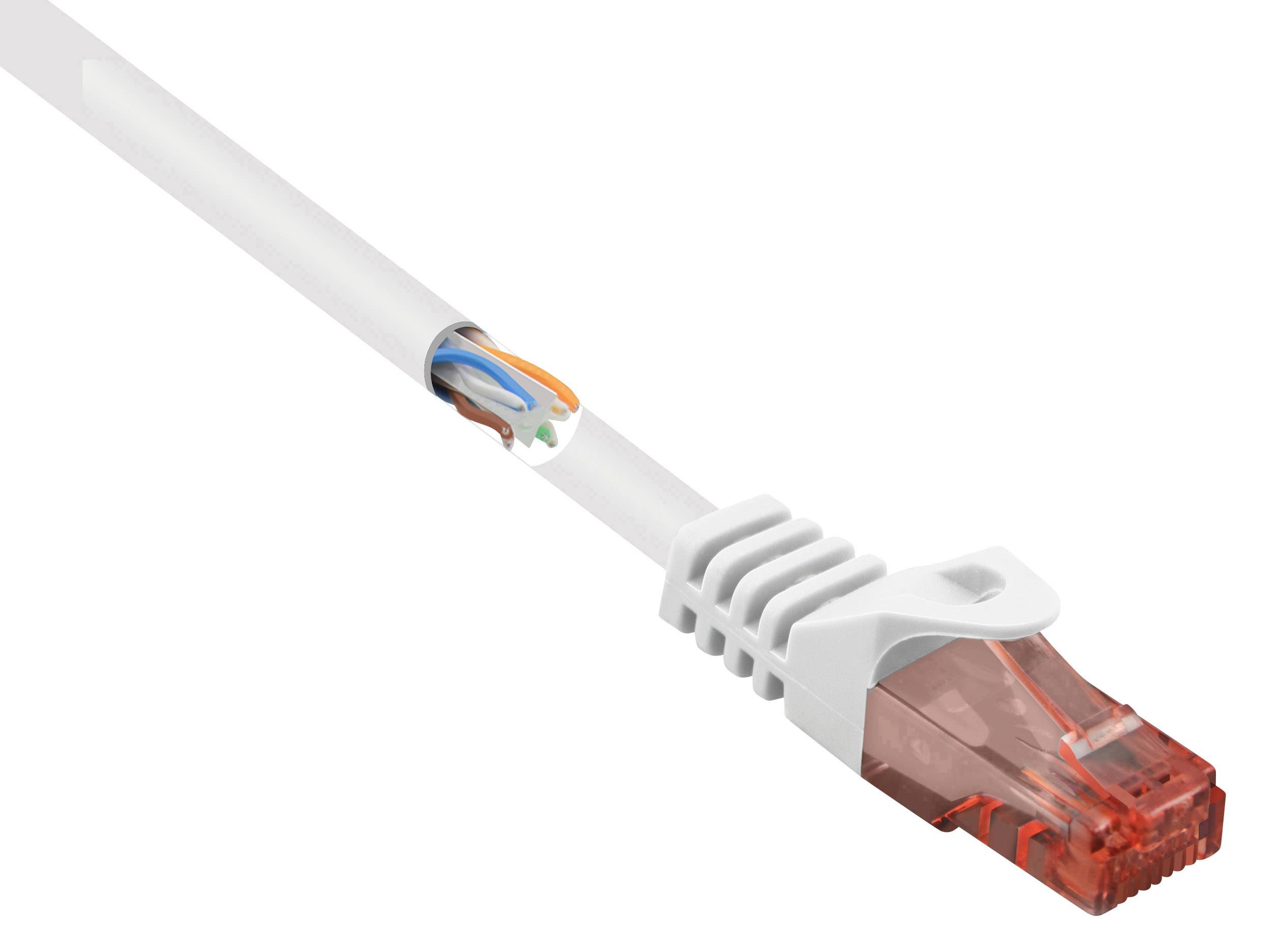 A white network cable with a red RJ45 connector, partially sheathed, reveals exposed, coloured wires.