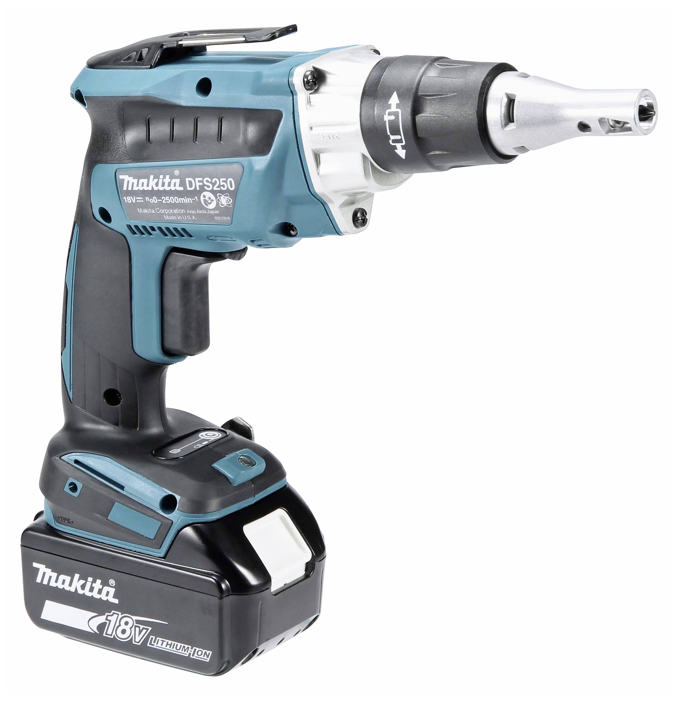 Blue and black Makita cordless screwdriver, Model DFS250, with 18V lithium-ion battery, suitable for plasterboard works.